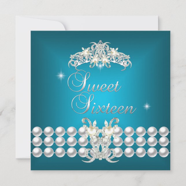 Invitación Dulces Dieciséis 16 Tiara Verde Azul Blanco Perla (Anverso)