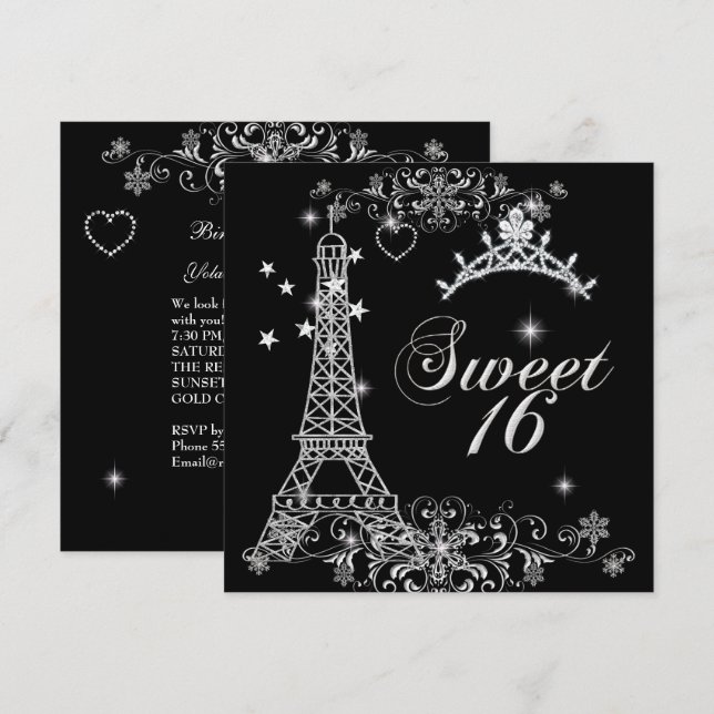 Invitación Dulces Dieciséis 16 Torre Eiffel de Plata y Purpur (Anverso / Reverso)