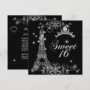 Invitación Dulces Dieciséis 16 Torre Eiffel de Plata y Purpur