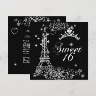 Invitación Dulces Dieciséis 16 Torre Eiffel de Plata y Purpur