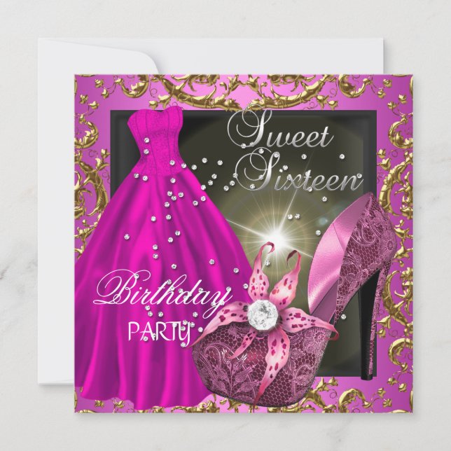 Invitación Dulces dieciséis 16 vestido de fiesta de cumpleaño (Anverso)