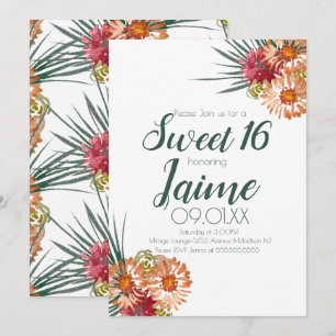 Invitación Dulces Dieciséis Acuarela Floral Melocotón Verde
