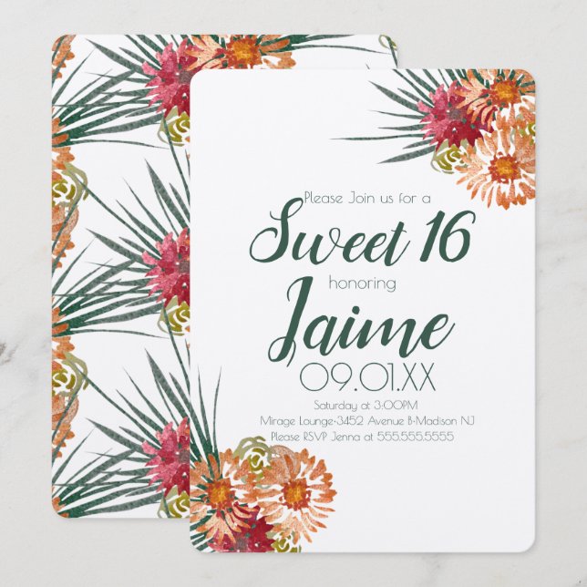 Invitación Dulces Dieciséis Acuarela Tropical Floral Kraft (Anverso / Reverso)