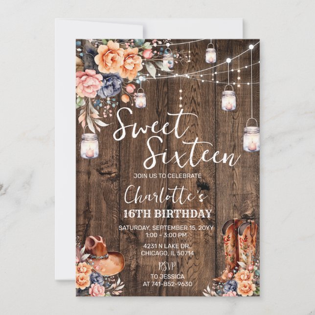 Invitación Dulces Dieciséis al Estilo Western Rústico (Anverso)