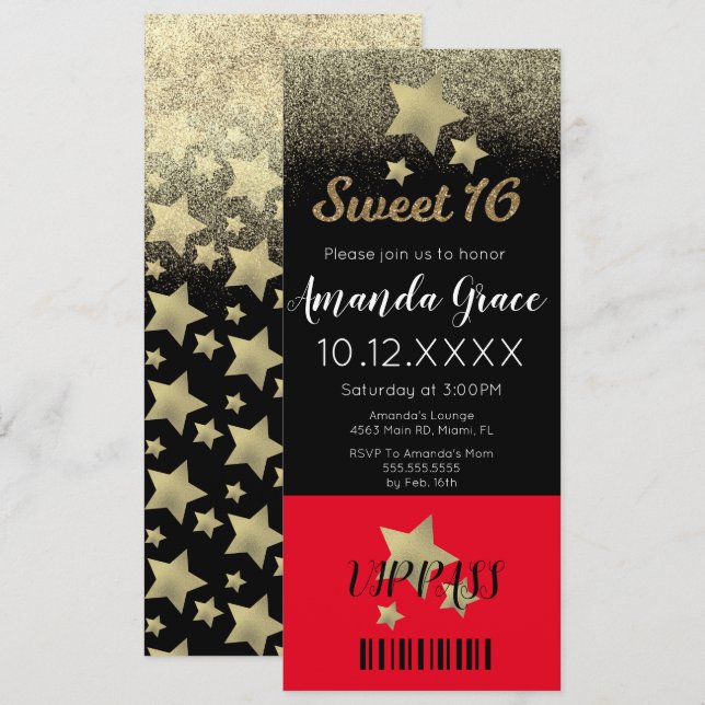 Invitación Dulces Dieciséis Brillo Dorado Estrella de Cine Al (Anverso / Reverso)