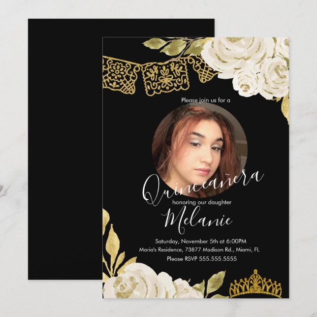 Invitación Dulces Dieciséis Brillo Marfil Floral Falso Foto  (Anverso / Reverso)