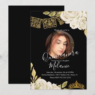 Invitación Dulces Dieciséis Brillo Marfil Floral Falso Foto 