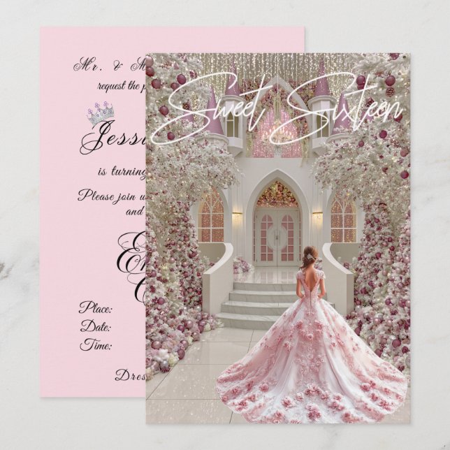 Invitación Dulces Dieciséis Castillo de Invierno Encantado Ro (Anverso / Reverso)