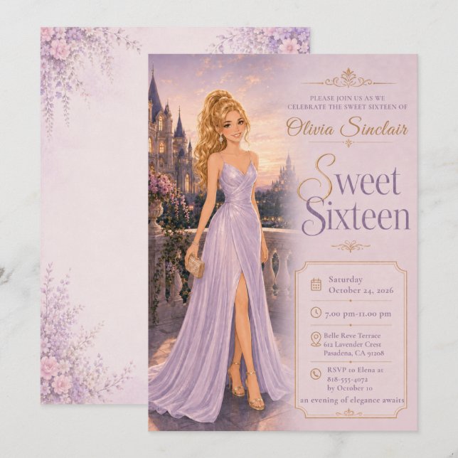 Invitación Dulces Dieciséis Castillo Lavanda (Anverso / Reverso)