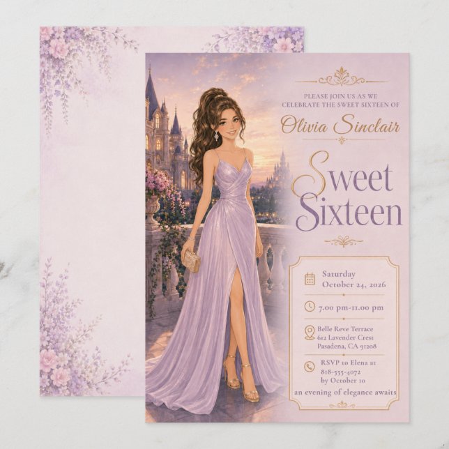 Invitación Dulces Dieciséis Castillo Lavanda (Anverso / Reverso)