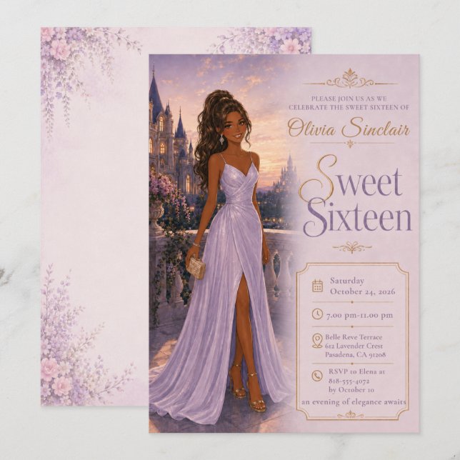 Invitación Dulces Dieciséis Castillo Lavanda (Anverso / Reverso)
