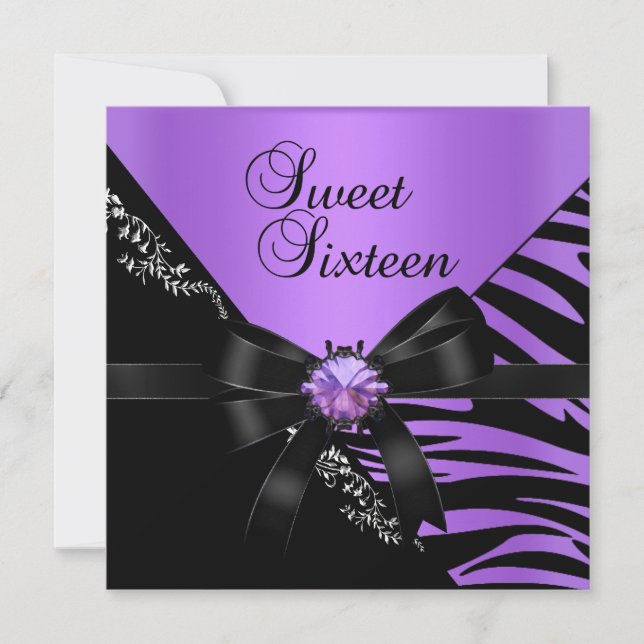 Invitación Dulces Dieciséis Cebra Púrpura Negro Joya (Anverso)