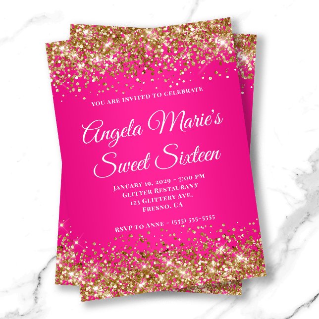Invitación Dulces Dieciséis con Brillo Dorado Rosa Brillante  (Gold Glitter Hot Pink Fancy Monogram Sweet Sixteen Invitation)
