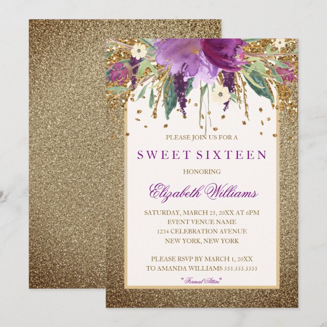 Invitación Dulces dieciséis con flores doradas y amethyst bri (Anverso / Reverso)