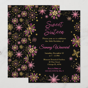 Invitación Dulces Dieciséis Copos de Nieve de Oro y Rosa