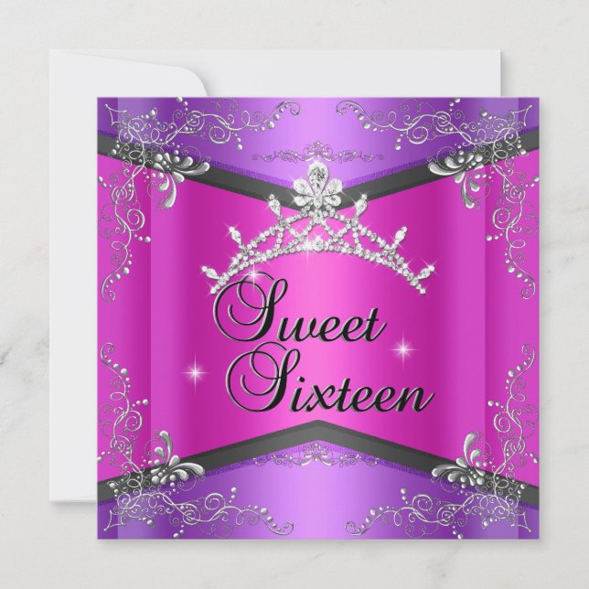 Invitación Dulces Dieciséis Corona Rosa Fucsia Purpura (Anverso)