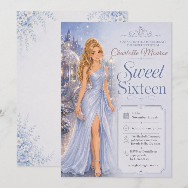 Invitación Dulces Dieciséis Cuento de Hadas Azul (Anverso / Reverso)