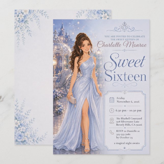 Invitación Dulces Dieciséis Cuento de Hadas Azul (Anverso / Reverso)