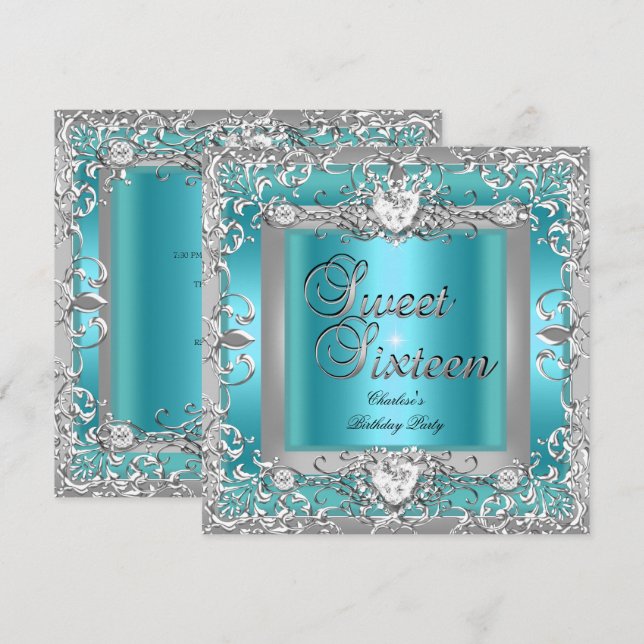 Invitación Dulces Dieciséis Cumpleaños Fiesta Azul Teal Plate (Anverso / Reverso)