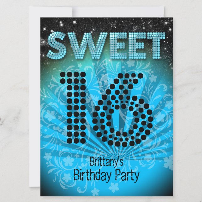 Invitación Dulces Dieciséis Cumpleaños Fiesta Azul Turquesa N (Anverso)