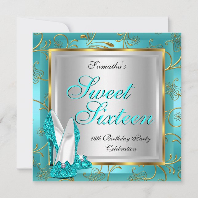 Invitación Dulces Dieciséis Cumpleaños Fiesta Azul Turquesa O (Anverso)