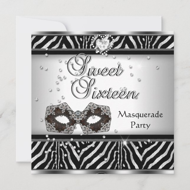 Invitación Dulces Dieciséis Cumpleaños Fiesta Cebra Mascarada (Anverso)