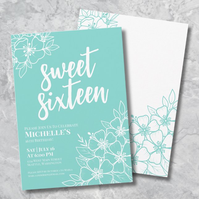 Invitación Dulces Dieciséis Cumpleaños Fiesta Floral Moderna  (16th Teal Blue Floral Sweet Sixteen Birthday Party Invitation)