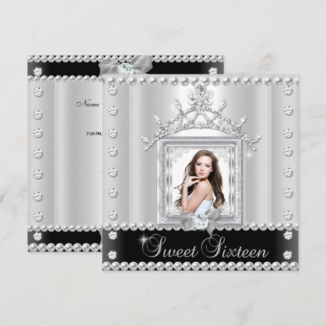 Invitación Dulces Dieciséis Cumpleaños Fiesta Negro Blanco (Anverso / Reverso)