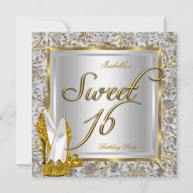 Invitación Dulces Dieciséis Cumpleaños Fiesta Oro Plata Blanc (Anverso)