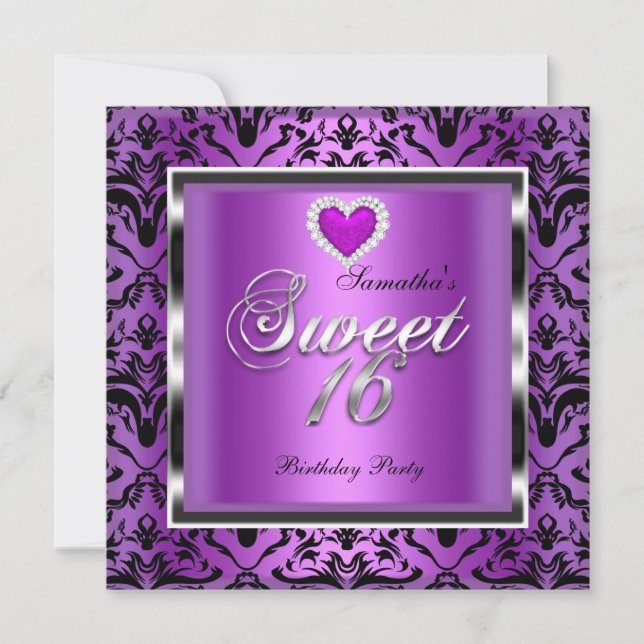 Invitación Dulces Dieciséis Cumpleaños Fiesta Púrpura Damask  (Anverso)