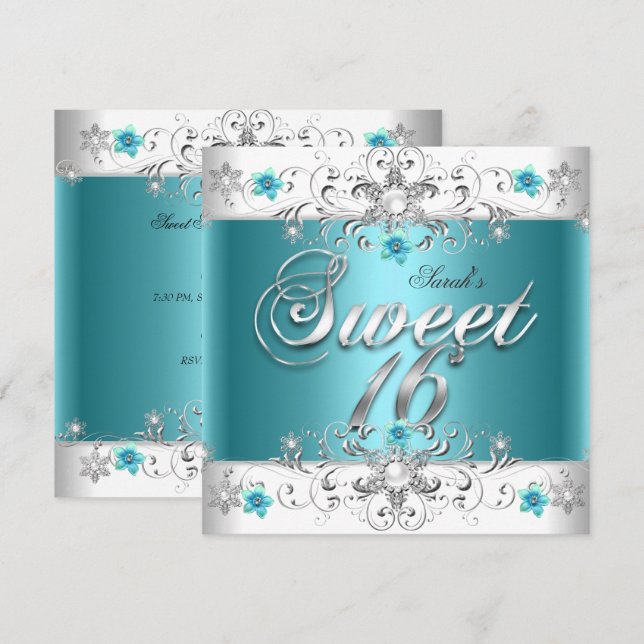 Invitación Dulces Dieciséis Cumpleaños Fiesta Teal Azul Diama (Anverso / Reverso)
