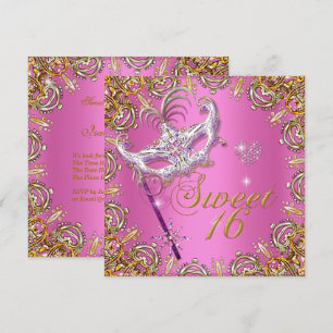 Invitación Dulces Dieciséis Cumpleaños Mascarada de Oro Rosa
