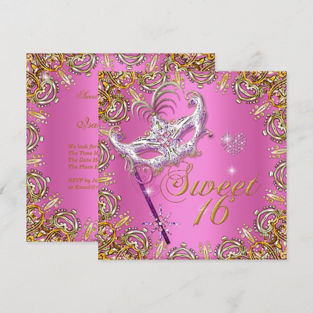 Invitación Dulces Dieciséis Cumpleaños Mascarada de Oro Rosa (Anverso / Reverso)