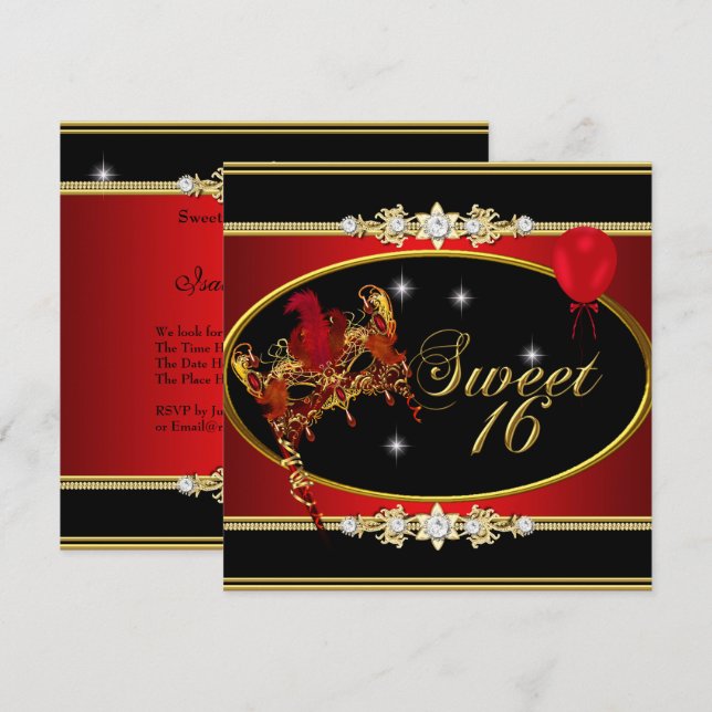 Invitación Dulces Dieciséis Cumpleaños Mascarada Rojo Dorado (Anverso / Reverso)