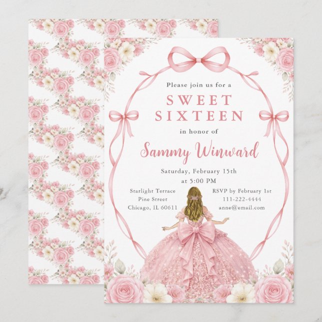 Invitación Dulces Dieciséis Cumpleaños Princesa Floral Rosa F (Anverso / Reverso)