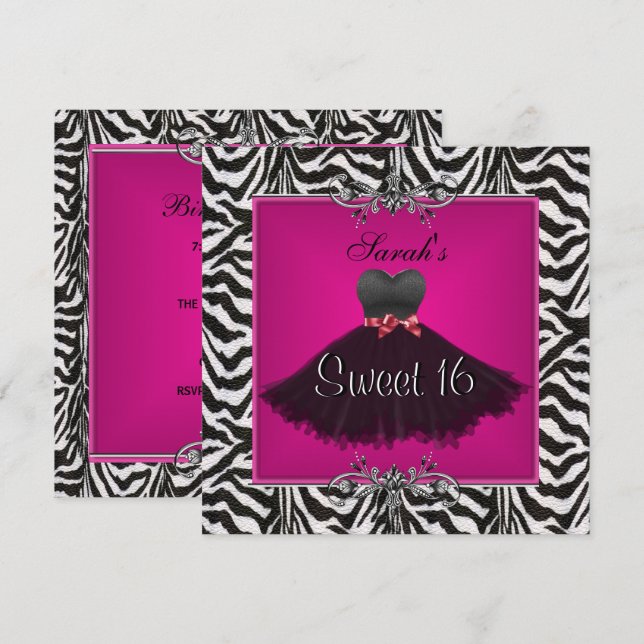 Invitación Dulces Dieciséis Cumpleaños Vestido Rosa Cebrado N (Anverso / Reverso)
