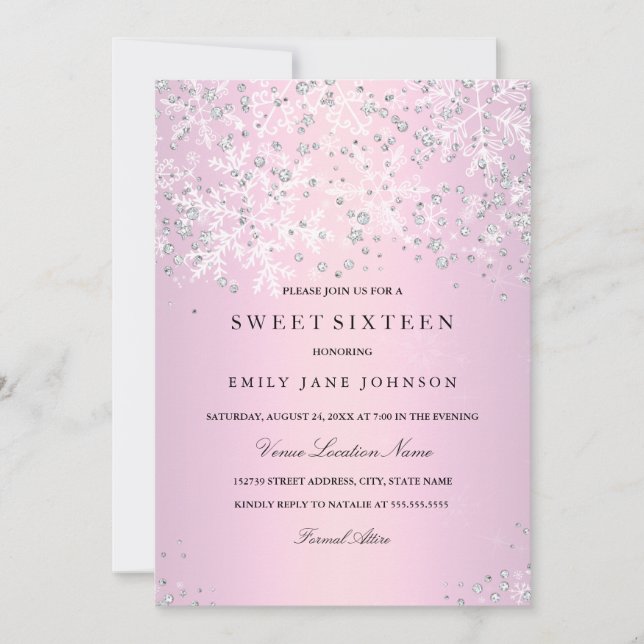 Invitación Dulces Dieciséis de Invierno Rosa Maravilla Copos  (Anverso)