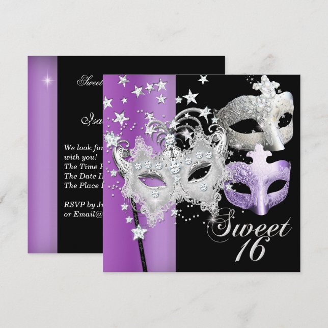 Invitación Dulces dieciséis de máscara de disfraz Dulces 16 L (Anverso / Reverso)