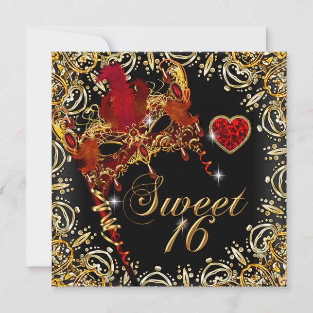 Invitación Dulces Dieciséis de Máscara de Oro Rojo (Anverso)