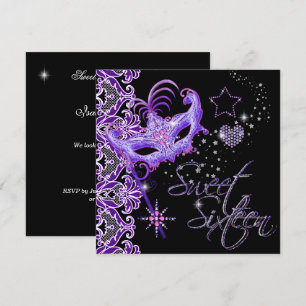 Invitación Dulces dieciséis de máscara Morado Negro