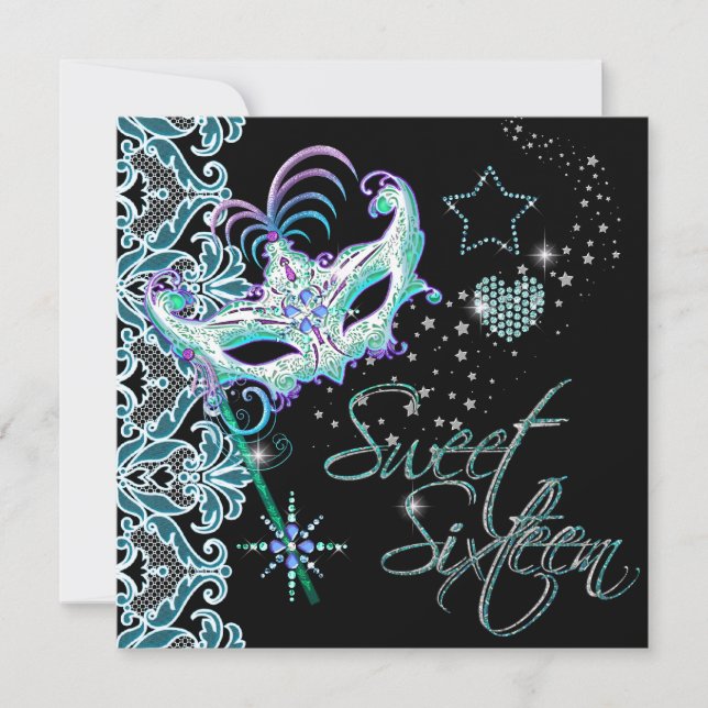 Invitación Dulces dieciséis de máscara Teal Negro (Anverso)