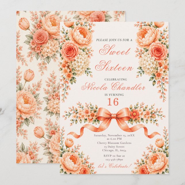 Invitación Dulces Dieciséis de Melocotón y Coral (Anverso / Reverso)