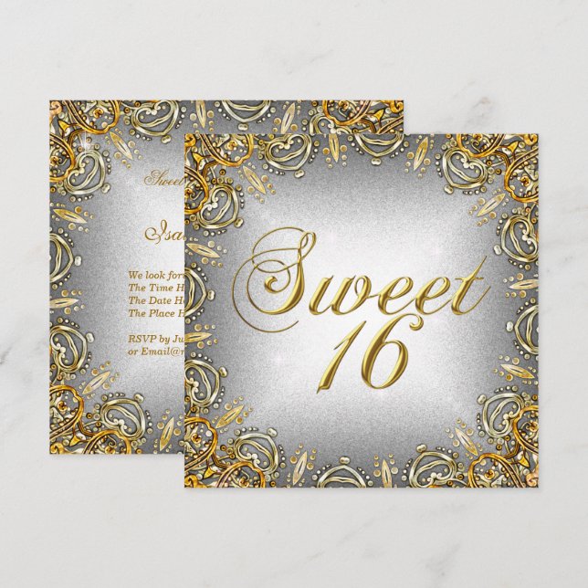 Invitación Dulces Dieciséis Dulce 16 Oro Gris Plata (Anverso / Reverso)