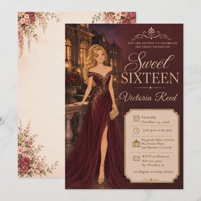 Invitación Dulces Dieciséis Elegancia Borgoña (Anverso / Reverso)
