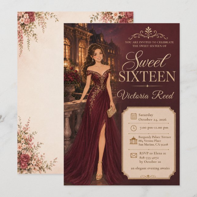 Invitación Dulces Dieciséis Elegancia Borgoña (Anverso / Reverso)