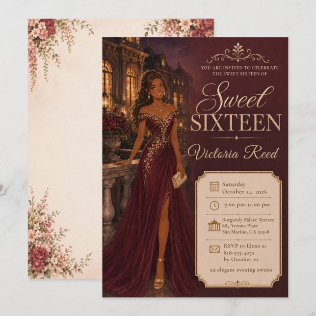 Invitación Dulces Dieciséis Elegancia Borgoña (Anverso / Reverso)