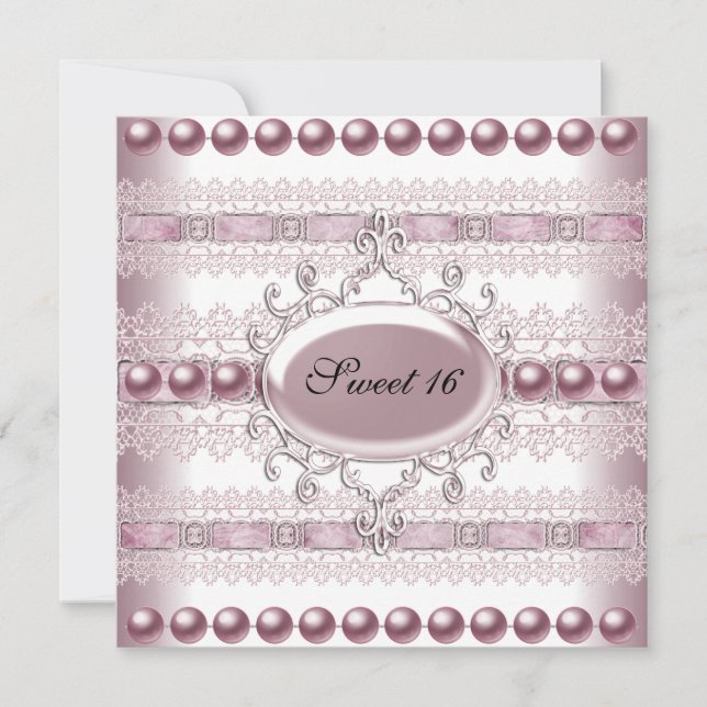 Invitación Dulces Dieciséis Elegante Perla Plata Rosa Encaje (Anverso)