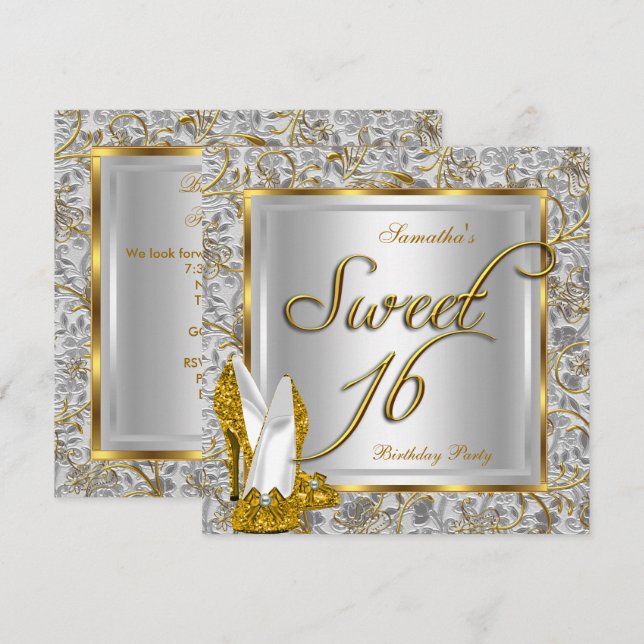 Invitación Dulces Dieciséis Fiesta de Oro Plata Blanco (Anverso / Reverso)