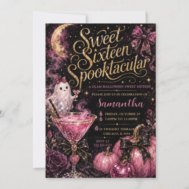 Invitación Dulces Dieciséis Fiesta Glam Espeluznante (Anverso)