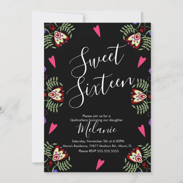 Invitación Dulces Dieciséis Fiesta Mexicana Floral Corazón Ne (Anverso)